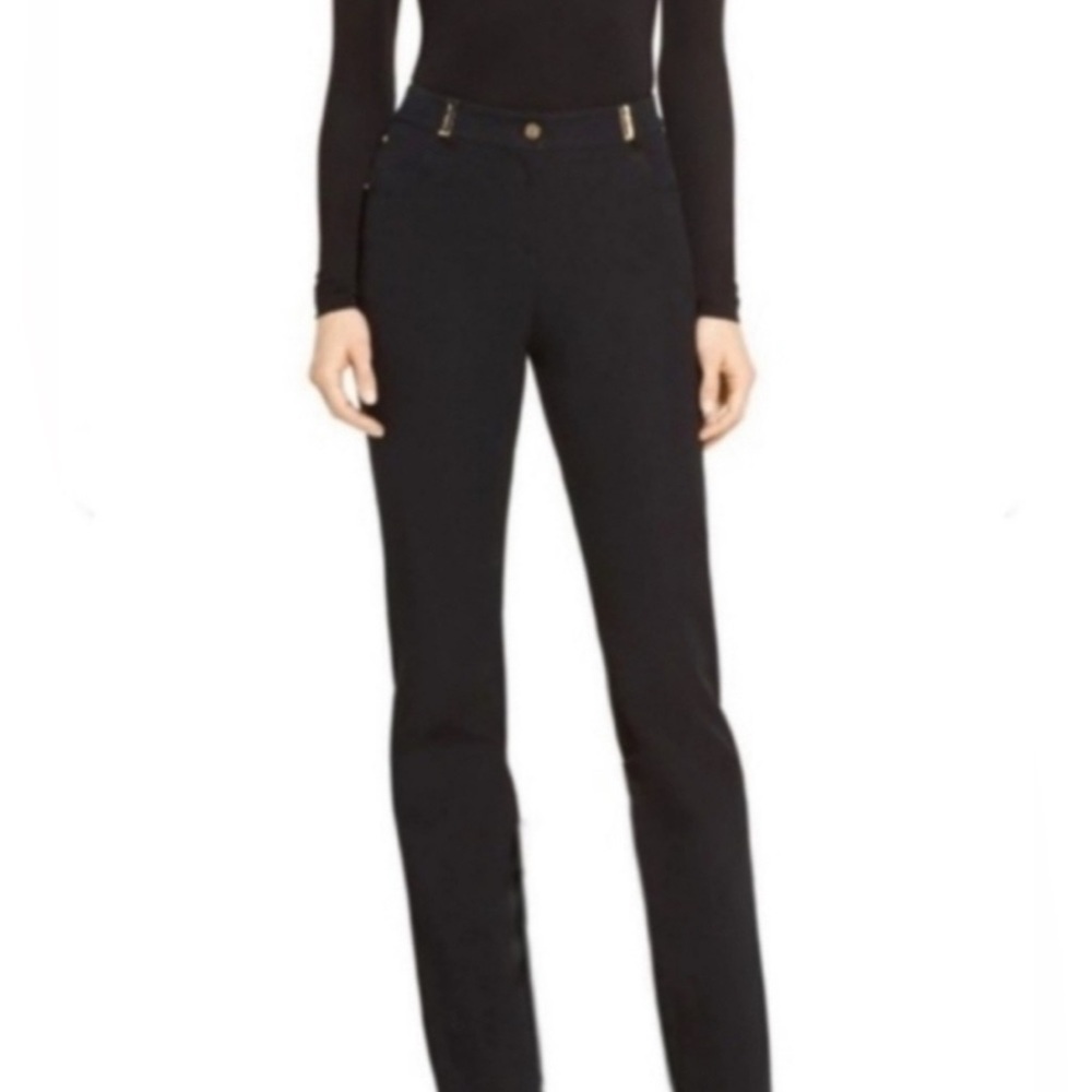 St. John Sport Marie Gray Trousers Straight Leg Denim Black Gold Buckle - Picture 2 of 7
